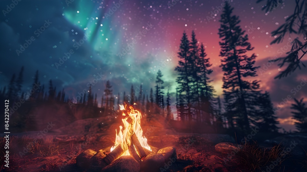 Fototapeta premium Camp fire in wilderness forest night on Aurora borealis, northern lights over bonfire in winter forest background.