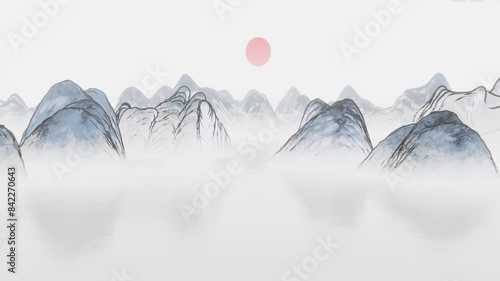 Mysterious landscape China's traditional Oriental Digital Art animation, Chinese retro painting ink misty mountain with flowers, tree, birds, river in fog background. China Japan scenery artwork © blackboxguild