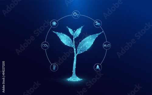 Seedling growing from polygon fertile ground on electronic circuit board. With icon Oxygen Carbon Dioxide Water H2O and Cloud, Sun. Agriculture environment industry concept. Vector.