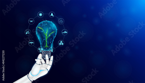 Robot holding green seedling corn sprouts in light bulb surround by icon Oxygen Carbon Dioxide, Sun, Tractor and Insect. Smart farm applying technology in cultivation agriculture industry. Vector.
