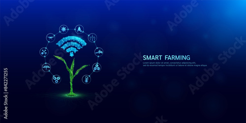 Smart farm applying technology in cultivation agriculture industry. Signal symbols blue wifi on Green seedling corn surround by icon Drone, Windmill, Sun, Tractor and Solar cell. Vector EPS10.