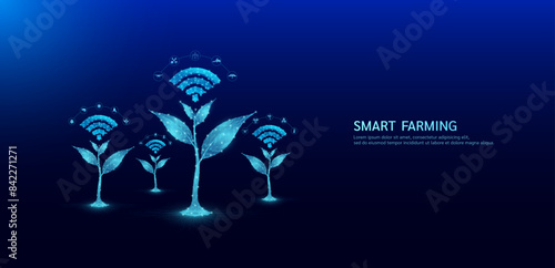 Smart farm applying technology in cultivation agriculture industry. Signal symbols blue wifi on seedling surround by icon Drone, Windmill, Sun, Tractor and Solar cell. Vector EPS10.