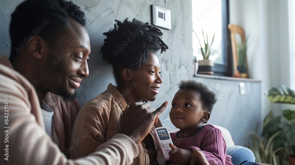 Family looking at smart thermostat adjusting lowering heating temperature at home Concept of sustainable efficient and smart technology in home heating and thermostats : Generative AI Family looking at smart thermostat adjusting lowering heating temperature at home Concept of sustainable efficient and smart technology in home heating and thermostats : Generative AI