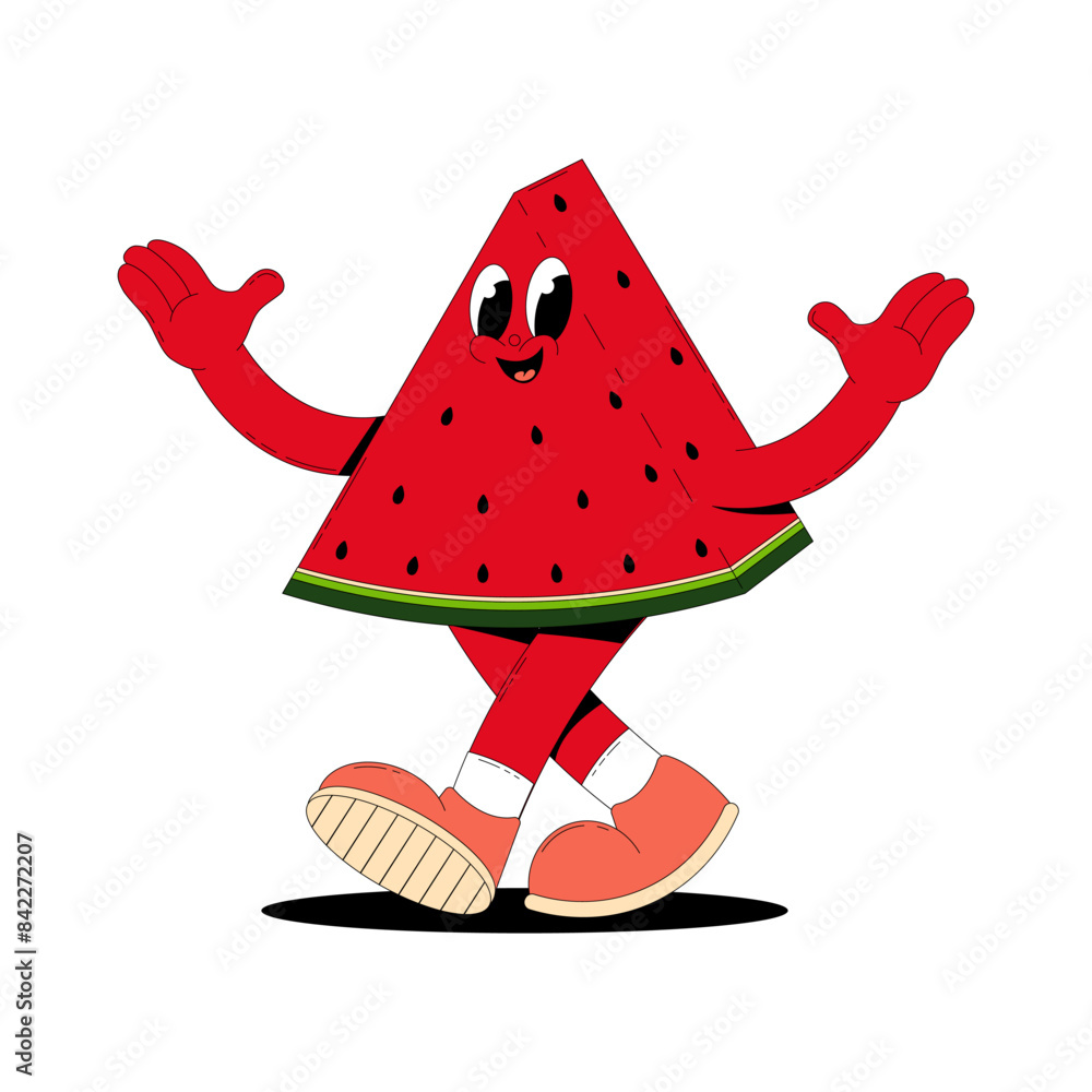Funky groovy retro fruit character. Comic mascot of walking watermelon with happy smile face, hands and feet. Groovy summer vector illustration isolated on transparent background. Funky groovy retro fruit character. Comic mascot of walking watermelon with happy smile face, hands and feet. Groovy summer vector illustration isolated on transparent background.