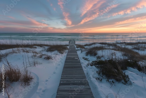 A lengthy boardwalk that leads to a white sand beach. Generative Ai © MinixT