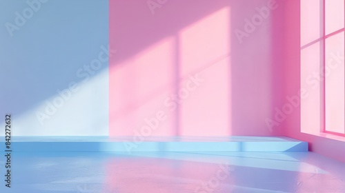 3D render illustration of pastel blue gredient to pink color studio background or texture. Abstract room in modern minimal concept. Blank product display on website design graphic and web banner.