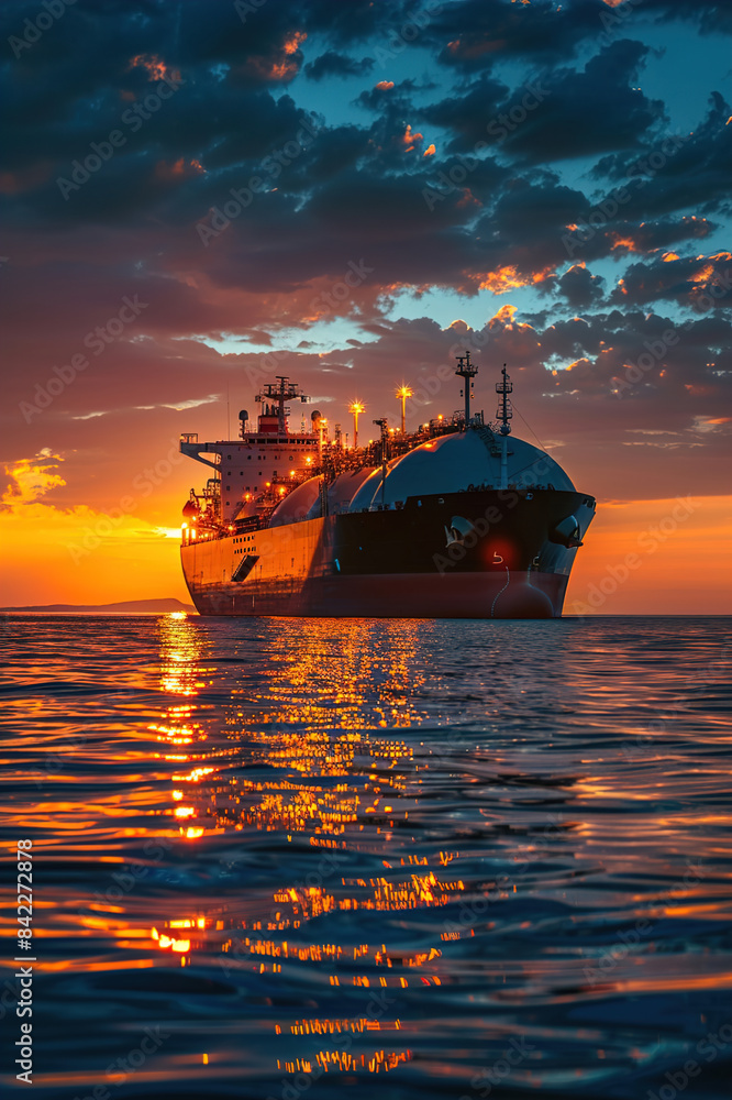 LNG tanker ship at sea, evening sunset, gas containers, industrial transport. LNG tanker ship at sea, evening sunset, gas containers, industrial transport.