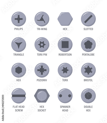 Set of metal screw heads. Stainless steel bolts. Silver nails and rivets. Top view. Vector illustration in flat style. Different hardware elements. Mechanic workshop icons.