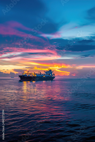 LNG tanker ship at sea, evening sunset, gas containers, industrial transport.