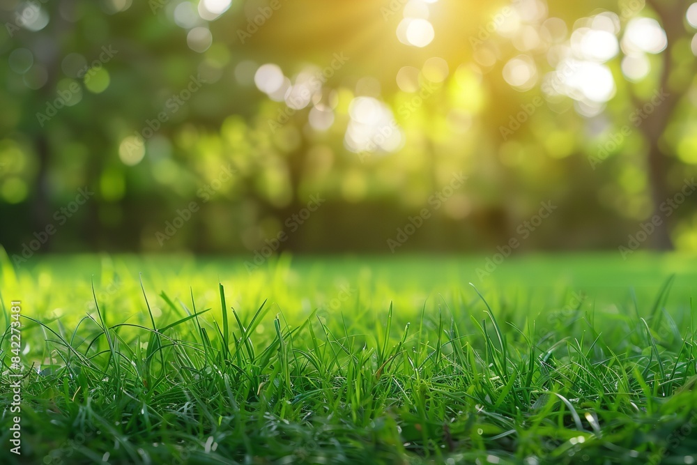 Close-up of lush green grass against a backdrop of a blue garden. Generative Ai Close-up of lush green grass against a backdrop of a blue garden. Generative Ai