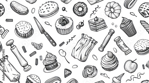 Cake cooking tools, kitchen utensils Illustration design pattern doodle elements spoon, fork, knife, pan, cake/