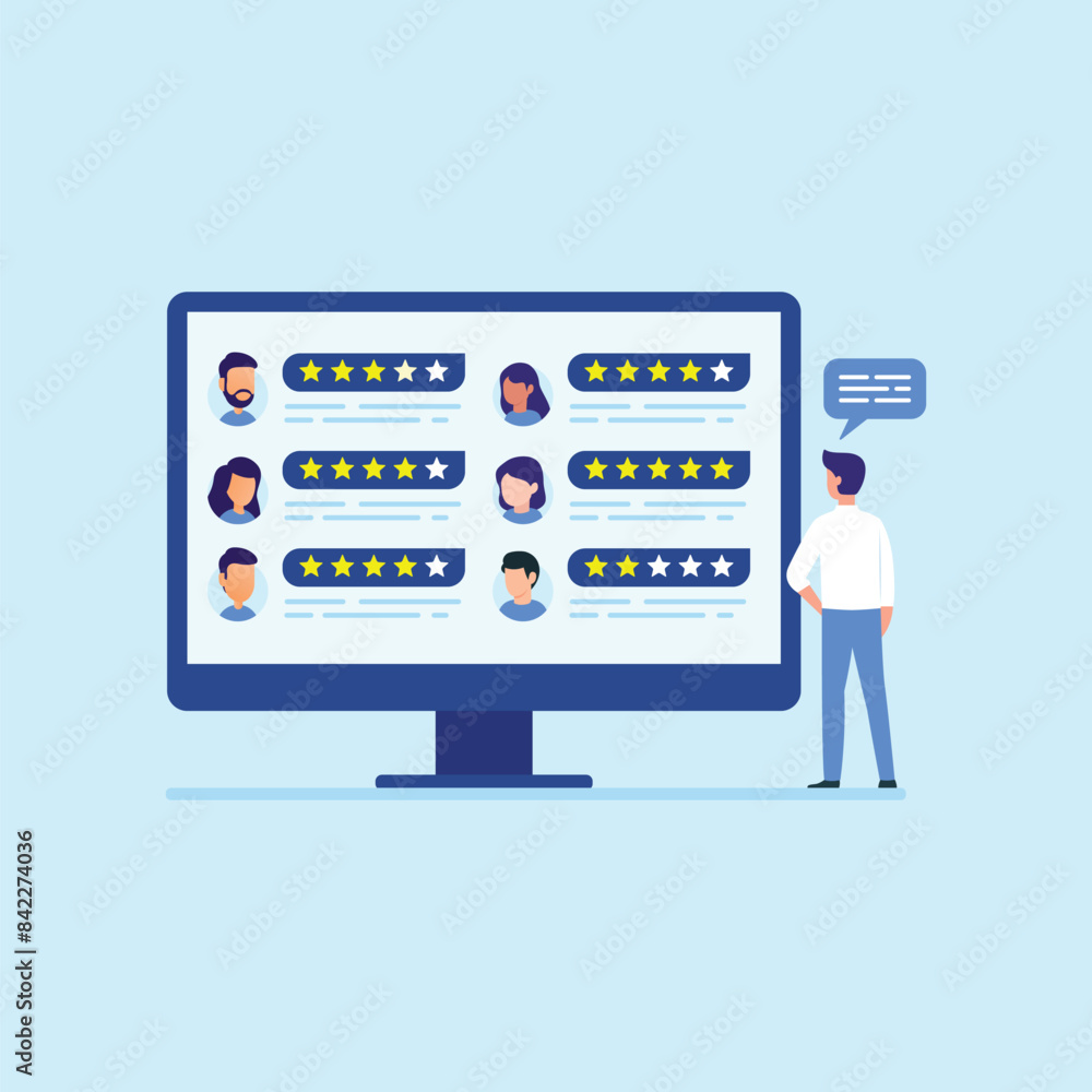 Employee performance review and evaluation. Employee assessment, Boss giving point to star rating of each employee performance Employee performance review and evaluation. Employee assessment, Boss giving point to star rating of each employee performance