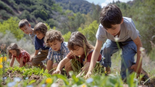 Outdoor education scene with children exploring nature and hands-on learning