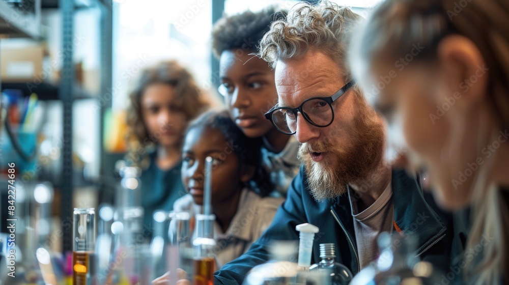 Inspirational teacher guiding students through a science experiment in a bright lab Inspirational teacher guiding students through a science experiment in a bright lab