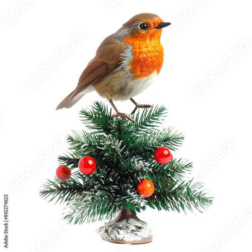 A cute robin perched on a small Christmas tree with red berries isolated on transparency background, PNG cut out. © Kakabe