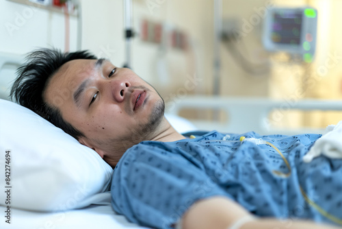 Exhausted Asian Patient Resting in Hospital Bed