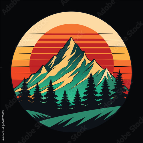 mountain and forest illustration with retro style for t-shirt design