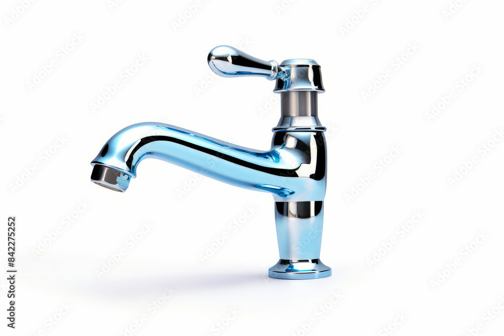 Chrome faucet with blue handle and white background. Chrome faucet with blue handle and white background.