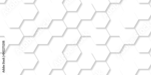 Vector pattern with hexagonal white and gray technology line paper background. Hexagonal 3d vector grid tile and mosaic structure mess cell. white and gray hexagon honeycomb geometric copy space.