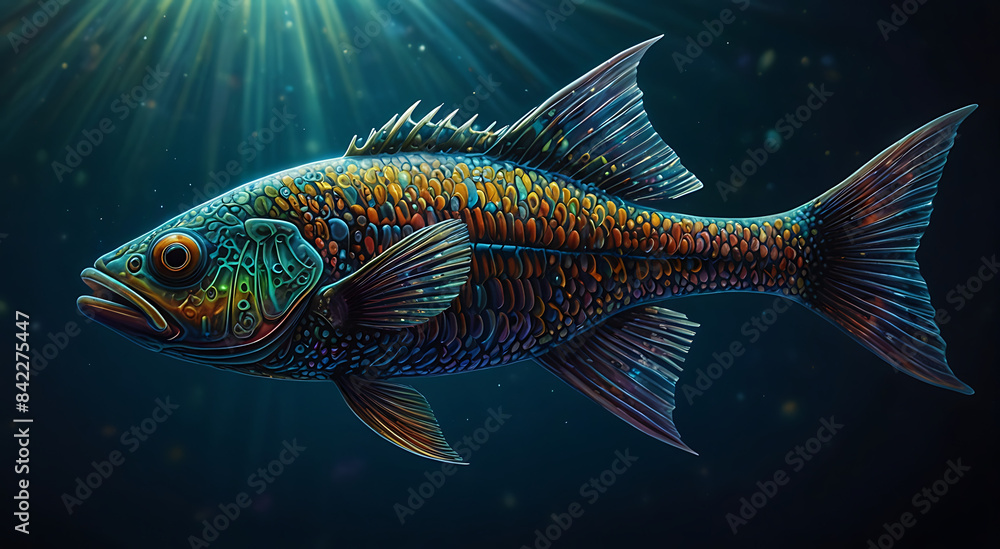 A shimmering quantum quillback fish, body adorned with glowing patterns that pulse with otherworldly light, The luminous creature seems to transcend reality, as if it could swim right off the canvas. A shimmering quantum quillback fish, body adorned with glowing patterns that pulse with otherworldly light, The luminous creature seems to transcend reality, as if it could swim right off the canvas.