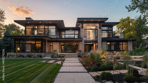 Large modern house with stone and walkway