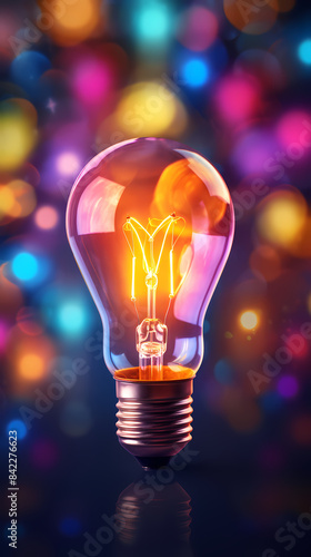 Glowing light bulb on colorful background