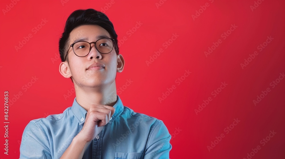 Obraz premium Young Asian man looking up on red background with copy space. Thinking about business.