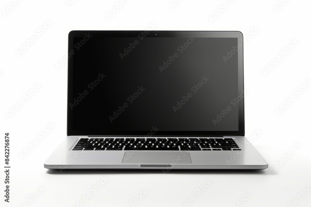 Laptop computer sitting on top of white table with black screen. Laptop computer sitting on top of white table with black screen.