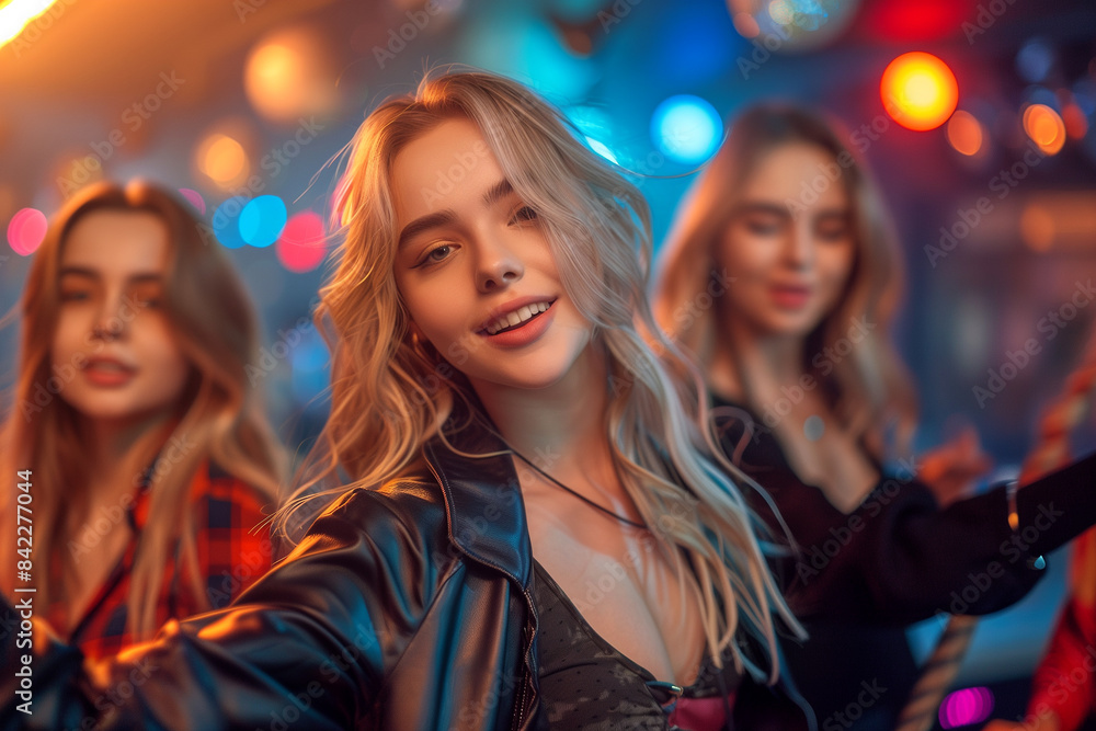 Three women are dancing and smiling in a club. Scene is fun and lively Three women are dancing and smiling in a club. Scene is fun and lively