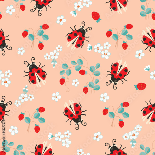 Cartoon seamless pattern with ladybug and strawberry fruits,leaves,flowers.Floral background with cute spotted ladybird.Print on fabric and paper.Vector design for use in banner,nursery decor,cover.
