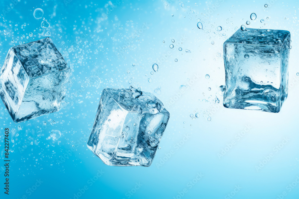 Three ice cubes floating in the water with bubbles on blue background. Three ice cubes floating in the water with bubbles on blue background.