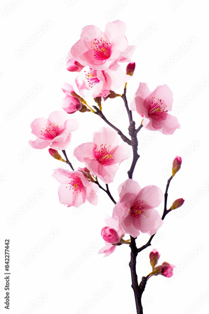 Obraz premium Branch of pink flowers with leaves on white background with white background.