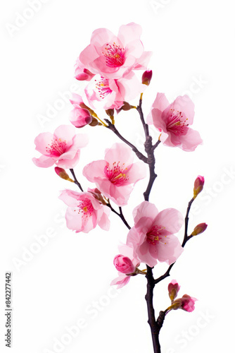 Branch of pink flowers with leaves on white background with white background.