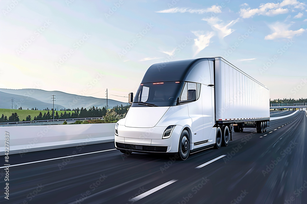 Electric semi-truck driving on a scenic highway, green landscape, blue sky, zero emissions.