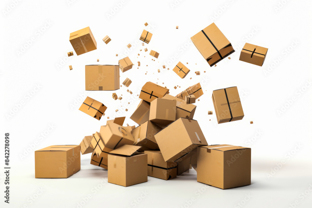Pile of cardboard boxes flying up into the air with white background. Pile of cardboard boxes flying up into the air with white background.