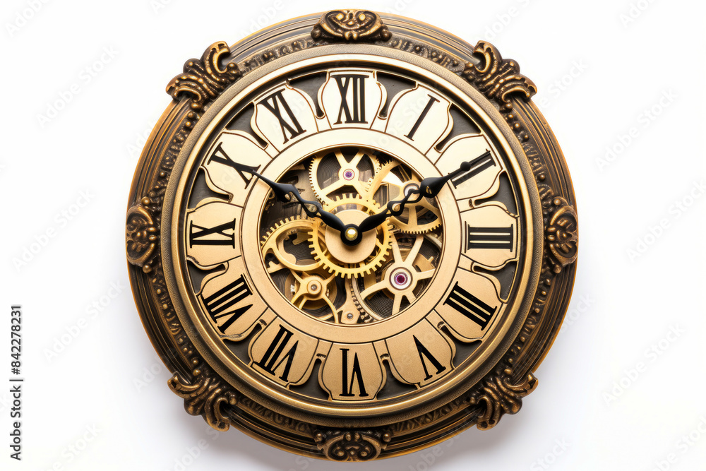 Gold clock with gears on it on white background with white background.