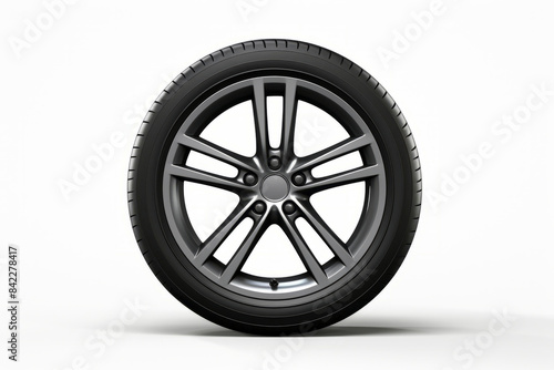 Tire on white background with shadow on the ground.