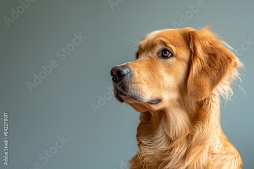 In bright lighting a golden retriever sits attentively against a solid color background The dog's golden coat shines and its eyes convey a sense of calm and friendliness The solid background provides © Woraphon