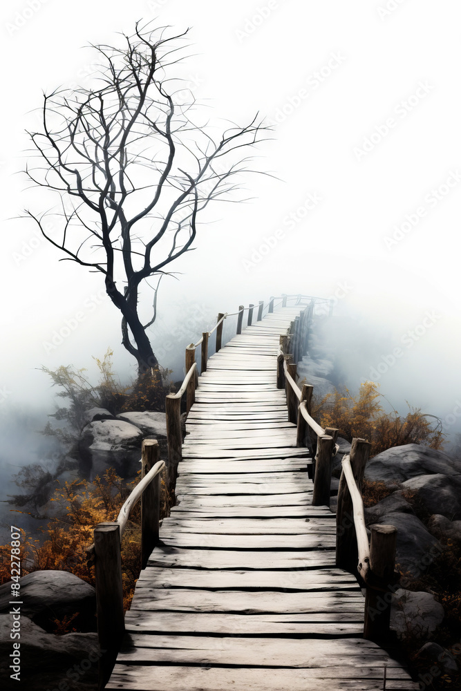 Wooden path leading to tree on foggy day. Wooden path leading to tree on foggy day.