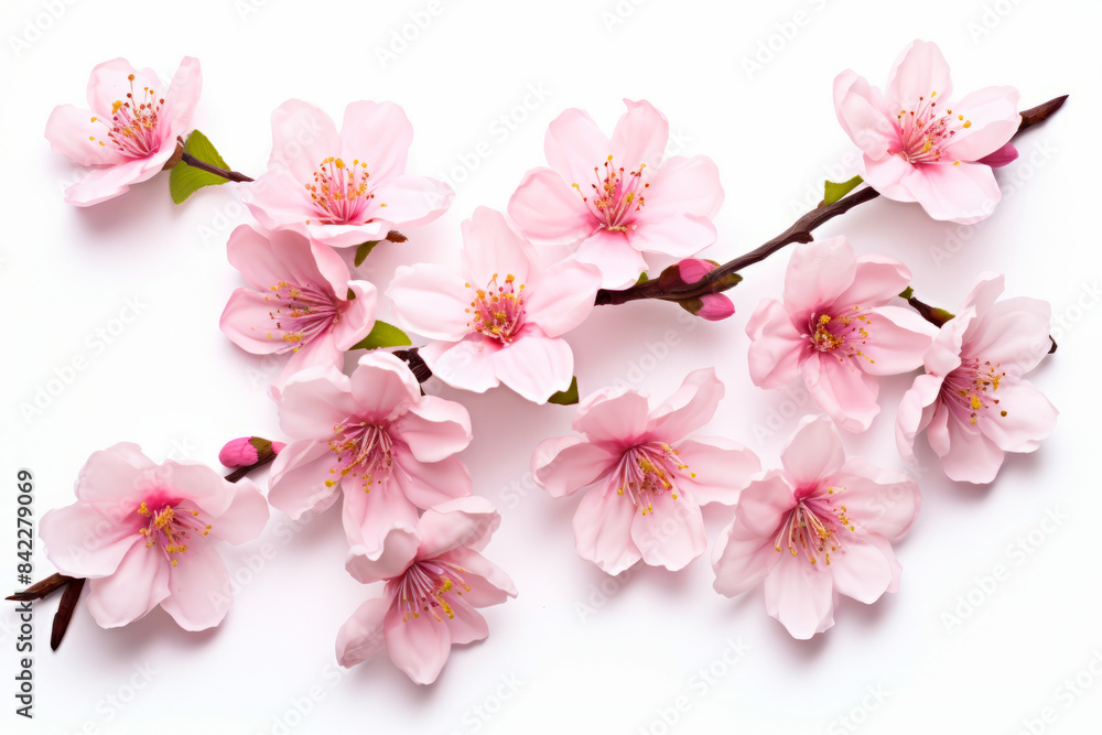 Branch of pink flowers with green leaves on white background.
