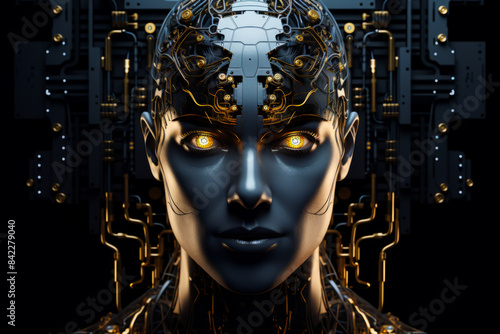 Woman with futuristic head and machine in the background.