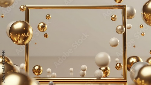 Gold frame with floating spheres background 3d rendering