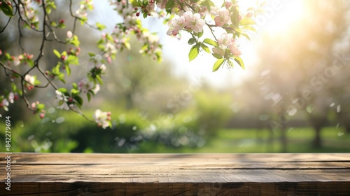 Spring background with a wooden table and a blurred green spring garden with a blossoming apple tree in the sunlight. Spring template for product display, 