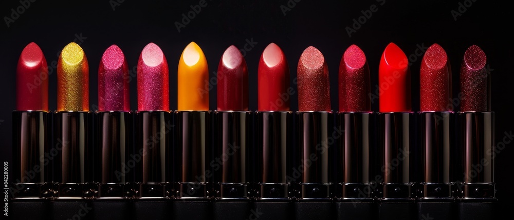 Colorful lipstick with different gloss on black background. Colorful lipstick with different gloss on black background.