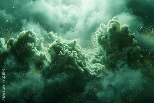 A vivid green color explosion  highlighting the contrast of dark and light green particles against a white backdrop  with intricate details and dynamic motion