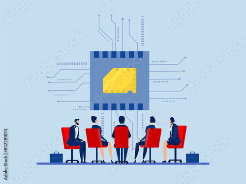 Semiconductor and computer chip supply chain, business people meeting project computer chip with creative for solution shortage electronics manufacturing problem concept
