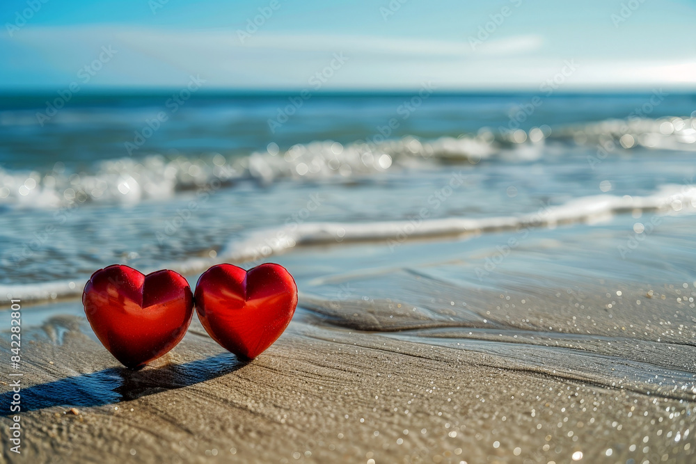 love two red hearts on the beach, AI generated love two red hearts on the beach, AI generated