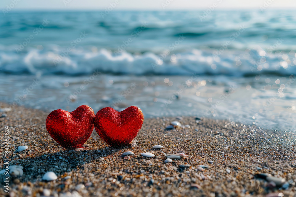 Fototapeta premium love two red hearts on the beach, AI generated