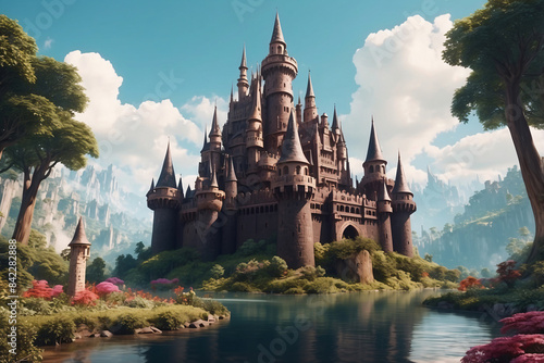 Enchanting Chocolate Castle in Whimsical Forest: Detailed Turrets, Candy Cane Spires, Chocolate Trees, Candy Flowers, Chocolate River, Text Space Above, Generative AI