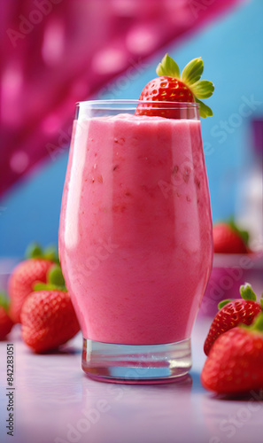 cocktail, smoothie, milk and strawberries, on a pink background.
